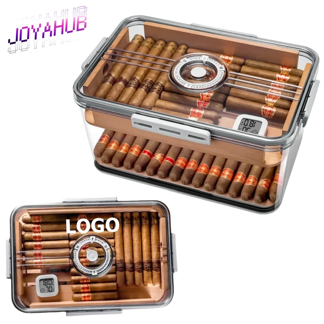 caja-de-cigarros-transparente-con-logotipo-personalizado-con-higrometro-digital-incorporado-y-bandeja-de-cedro-espanol-para-control-de-humedad-y-envejecimiento-oem