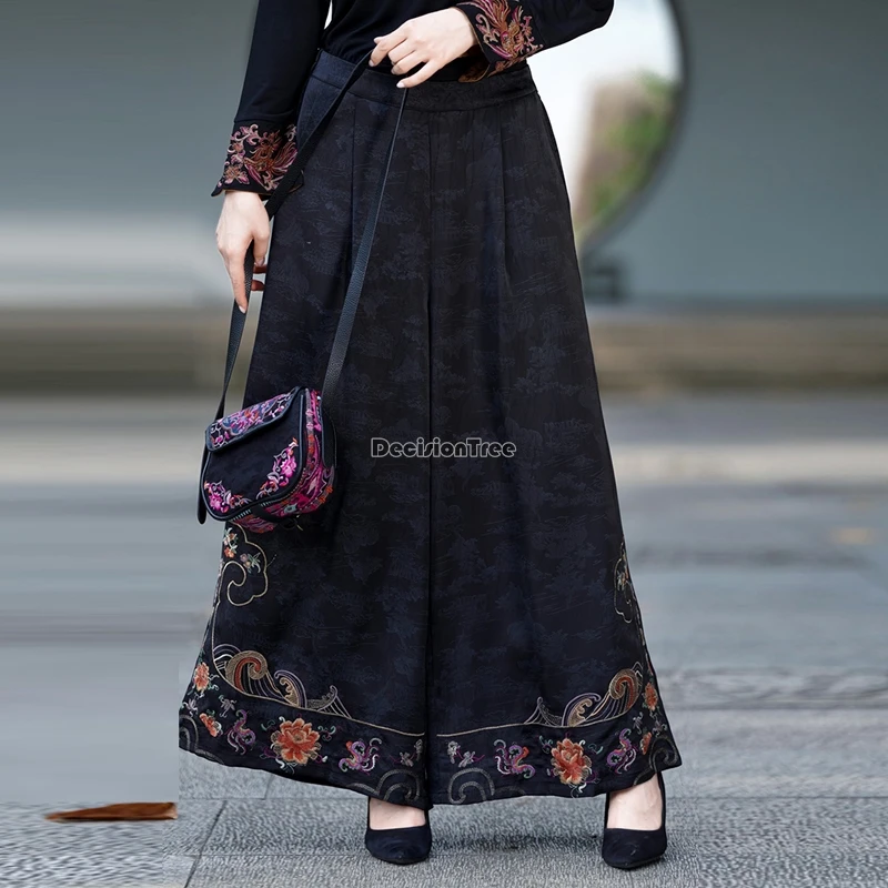 2024 new chinese national style embroidery wide leg pants women casual straight pants loose retro style elastic waist pants t001