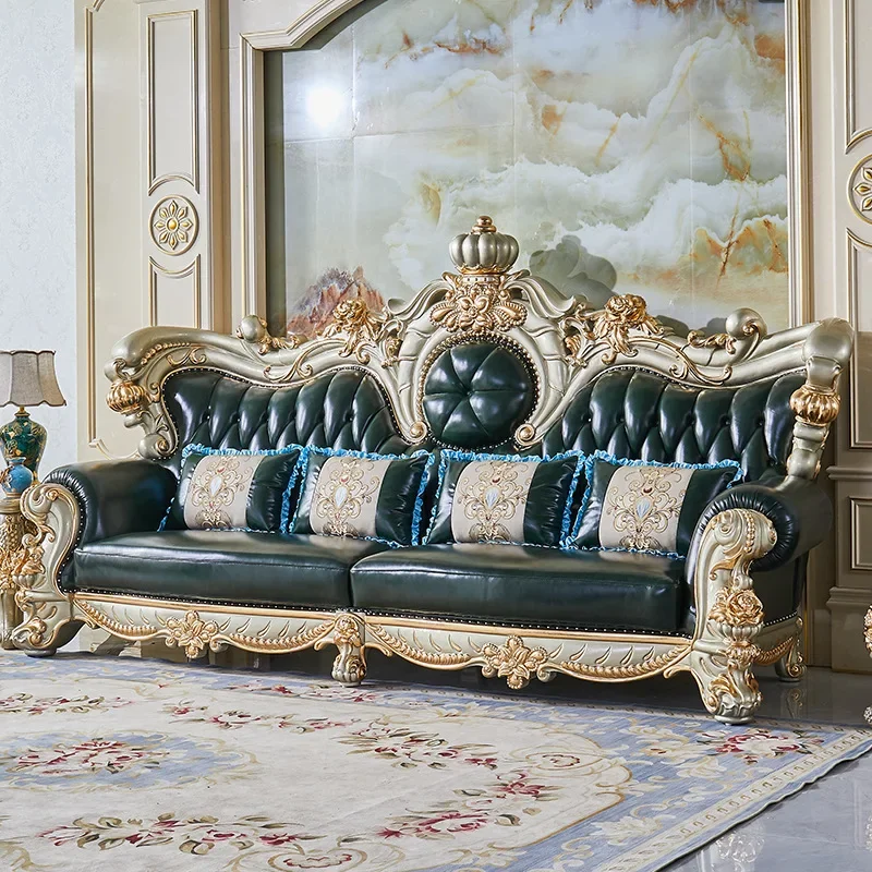 European-style Sofa Combination Villa Crown Imported First Floor Cowhide All Solid Wood, Carved Gold Leaf Living Room Furniture