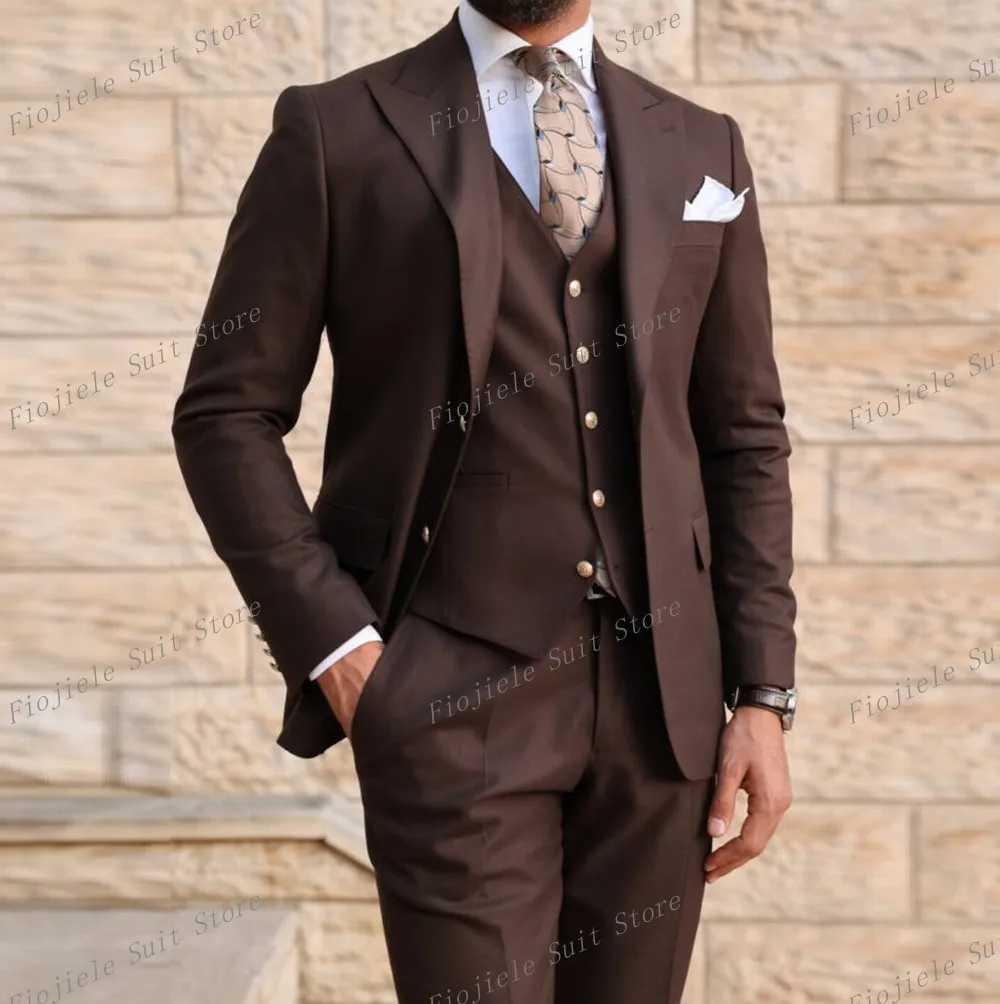 

New Style Brown Men Business Prom Formal Occasion Groom Groomsman Suit Wedding Party Male Tuxedos 3 Piece Set Blazer Vest Pants