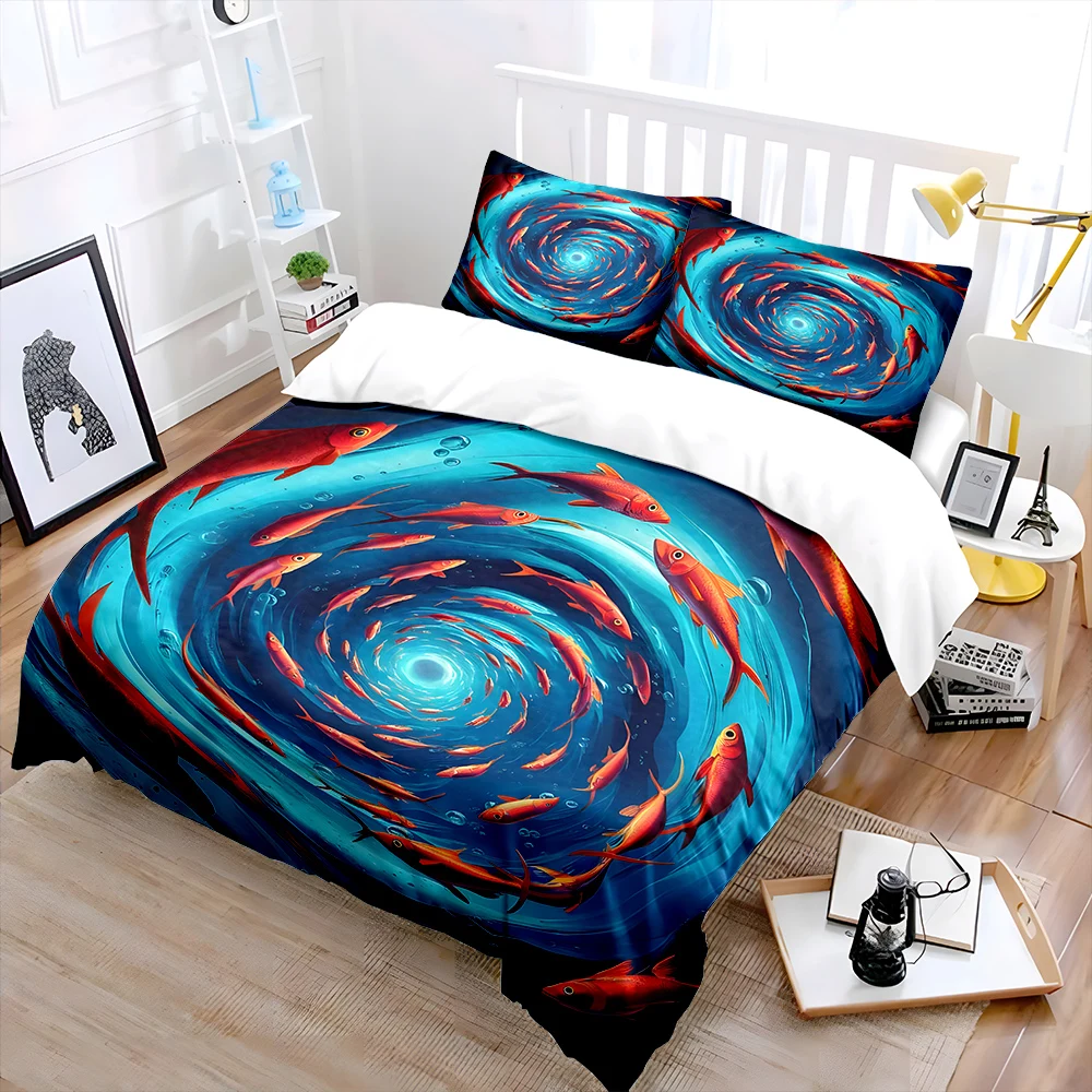 Red fish swirling underwater depths Print Soft Comfortable Duvet Cover Bedding Set Included 1*Duvet Cover  2*Pillowcases