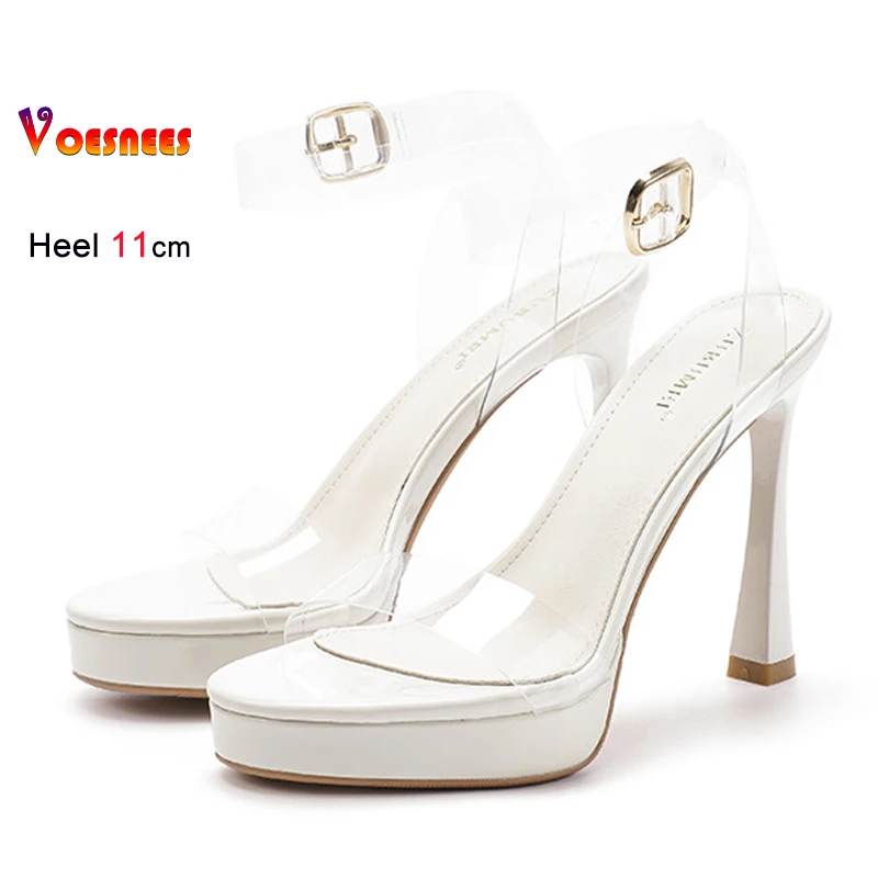 

2026 Summer Beige Clear PVC Women's Sandals Round Toe Thin High Heels 11cm Ankle Buckle Straight Strap Ladies Pumps Dress Shoes