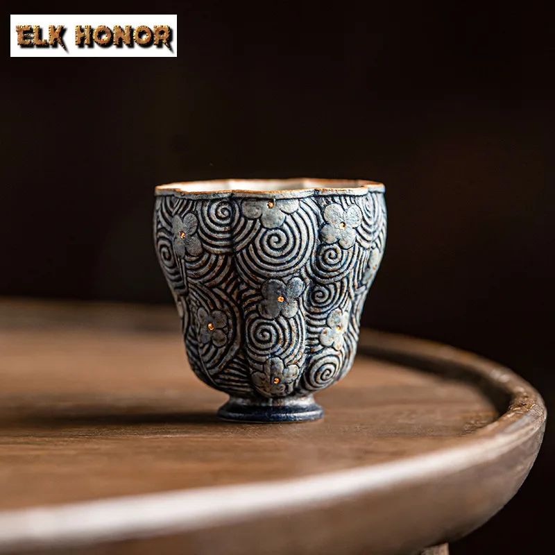 60ml Antique Auspicious Cloud High Footed Teacup Tea Bowl Sample Tea Cup Tea-tasting Personal Cup Jianzhan Master Cups Teaset