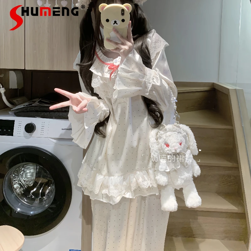 Pijamas bonitos de primavera y otoño para niña, ropa de casa de seda helada con lunares, deseo puro, estilo dulce, salón de dormir japonés