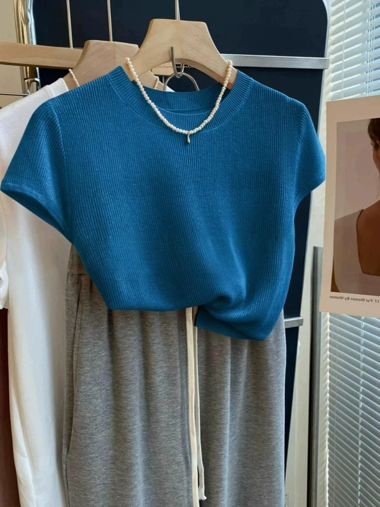 Summer Thin High-End Klein Blue Ice Silk Knitted Slim Short round Neck Shoulder-Length Short Sleeve Women's T-shirt Korean St...