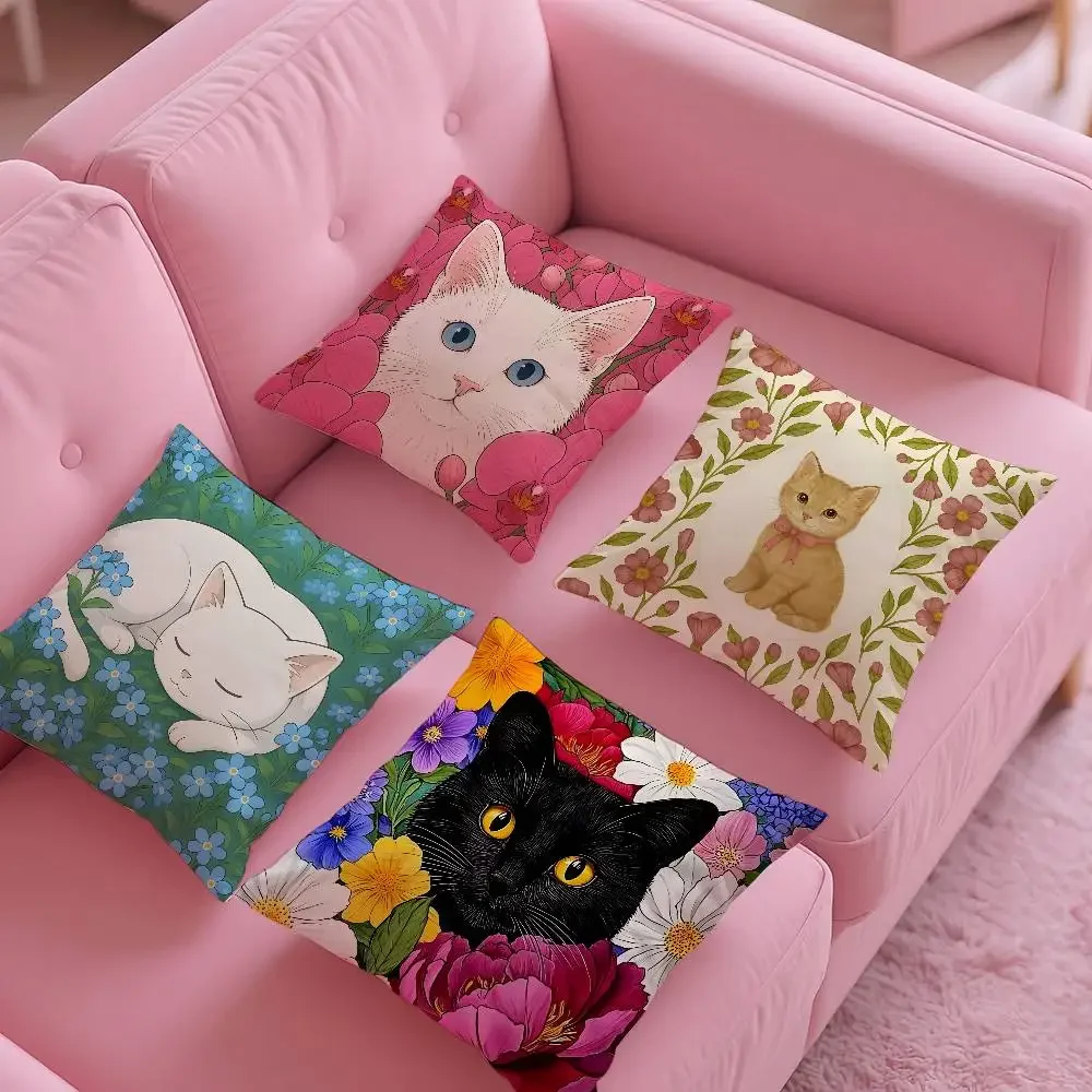 Cute Cat Flower Pillow Cover Animal Kitten Floral Cushion Cover Home Decor Square Pillowcase For Sofa Bed Living Room