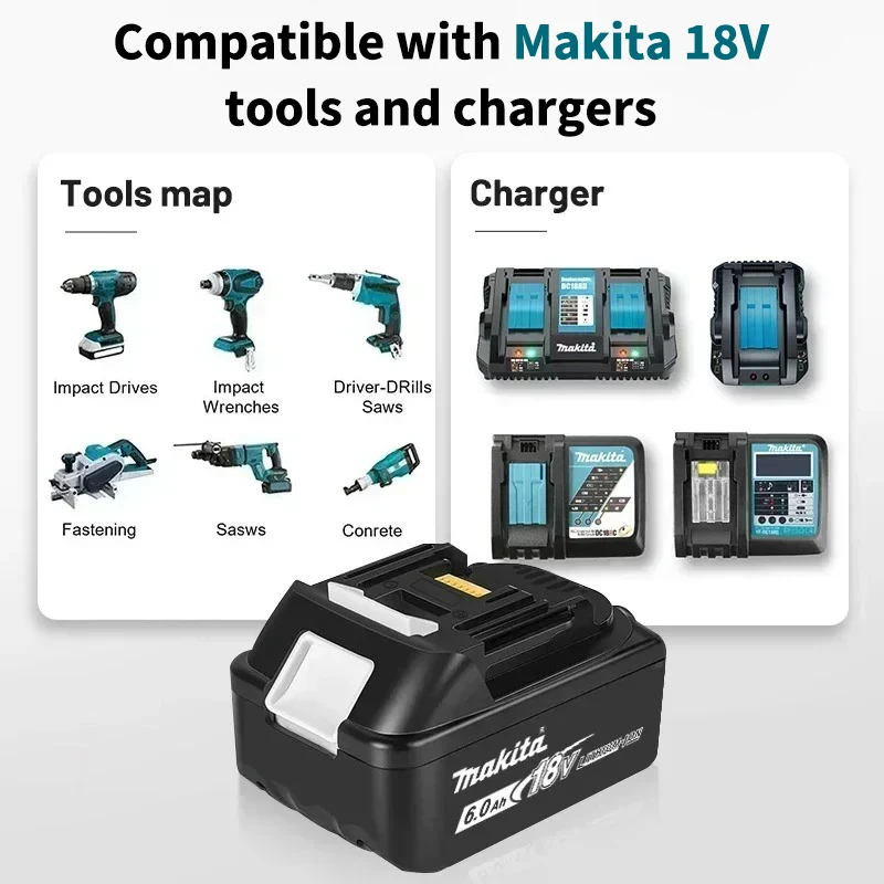 100% Genuine Makita 18V Battery 6.0Ah Li-Ion for Makita Power Tool Battery BL1860B DC18RC Rechargeable Battery Charger Combo