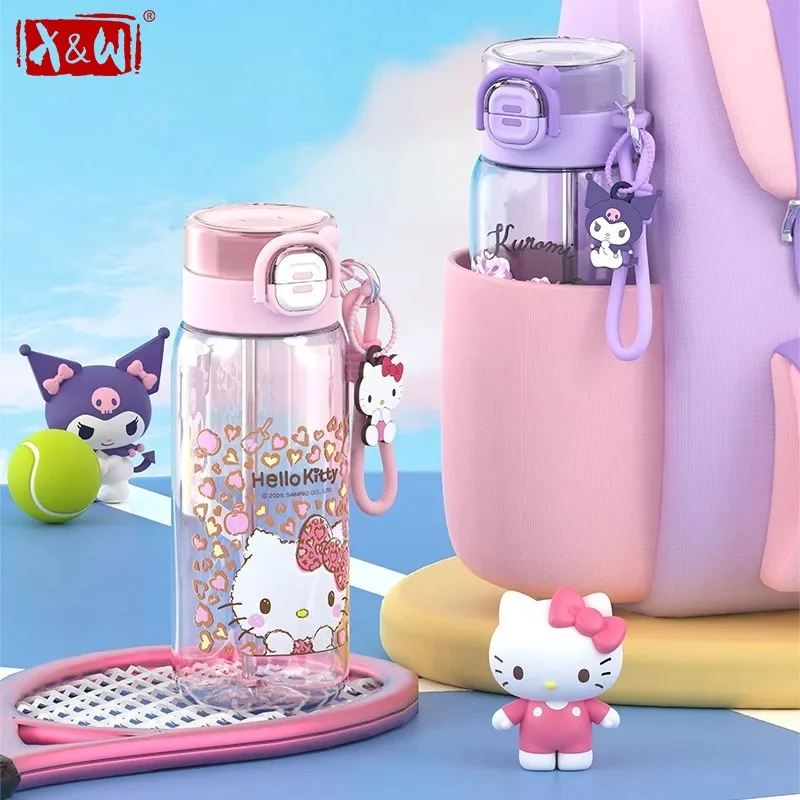 X&W Sanrio Kids' Water Bottle Cartoon Kuromi Space Cup with Pop-up Lid＆Strap Leak-proof Straw Mug Portable Sports/Fitness Cups