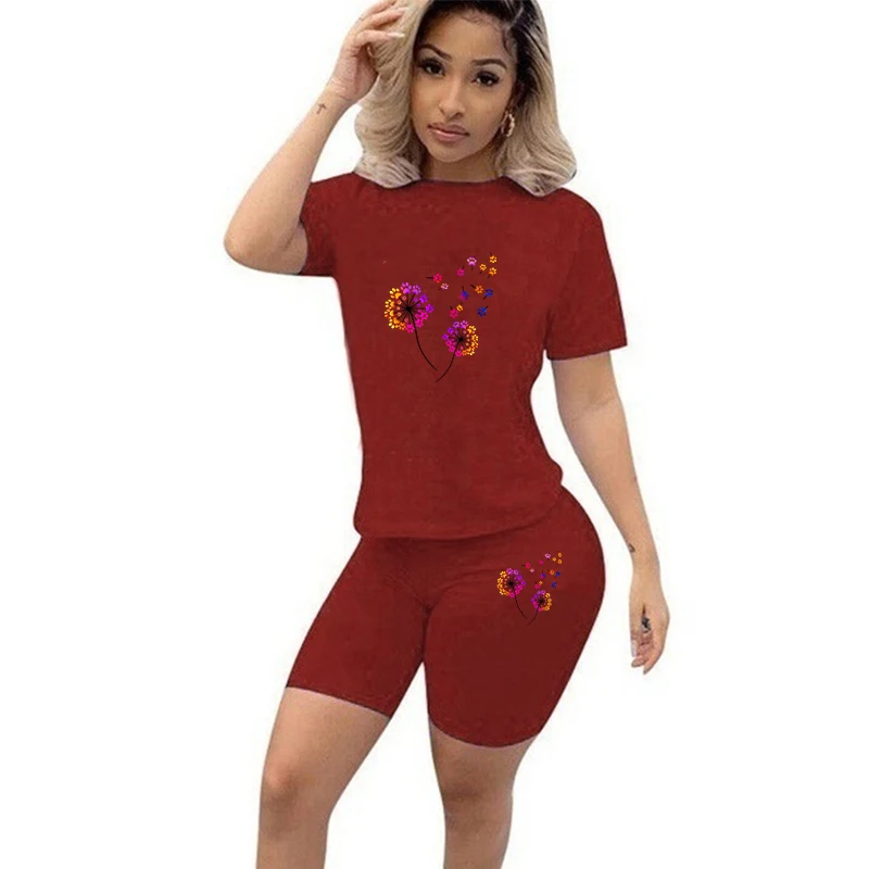 New Printed Women Sexy Basic T Shirt Casual Bodycon 2 Piece Set Short Sleeve Tee Summer Top Shorts Pants Tracksuit American Suit