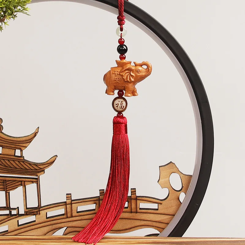 Peach Wood Rich Auspicious Automobile Hanging Ornament Car Hanging Ornaments Elephant Safety-Blessing Card Inside The Car Rearvi