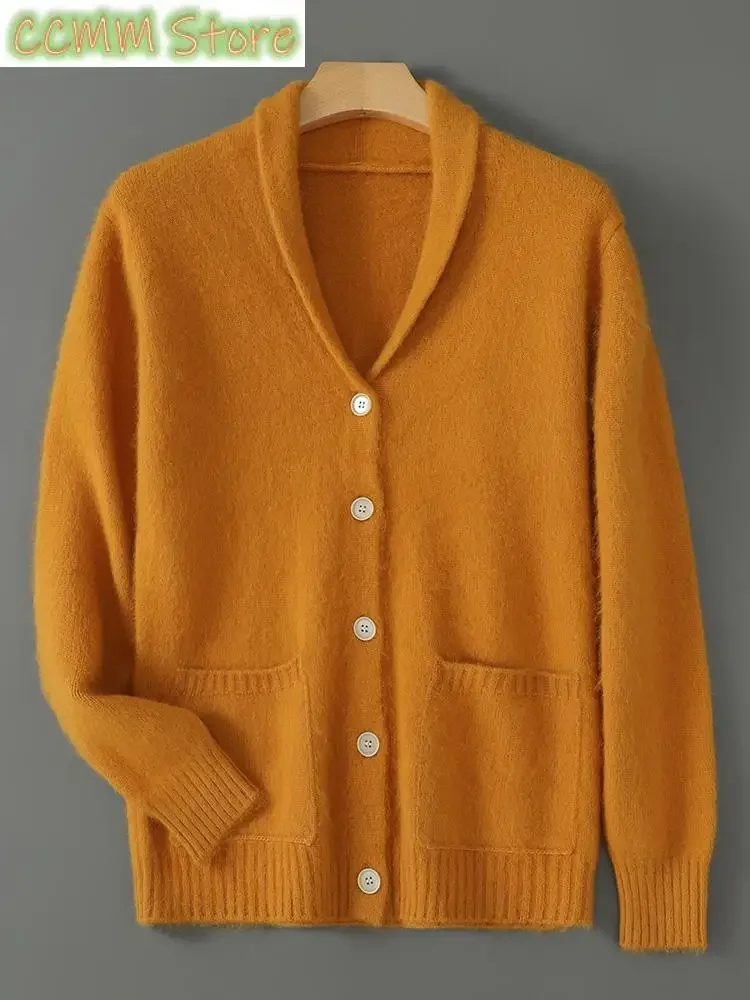 Men Mink Cashmere Knitwear Cardigan Turn-down Collar Sweater Autumn Winter Smart Casual Thick Long Sleeve Pockets Soft Tops