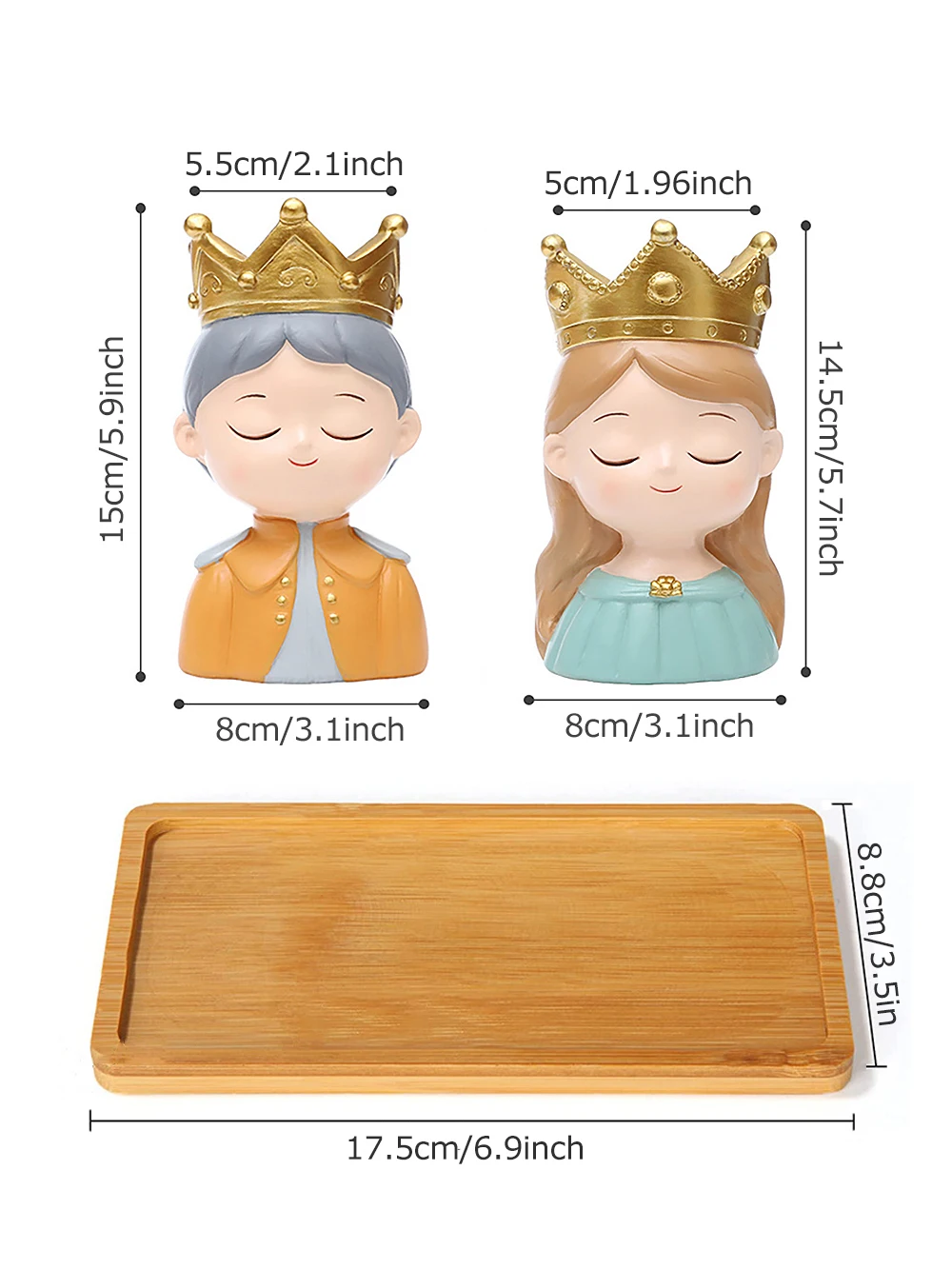 Set of Cartoon Prince & Princess Succulent Pots with Wooden Tray, Decorative Figurines Portrait Flower Pot for Home Garden Decor