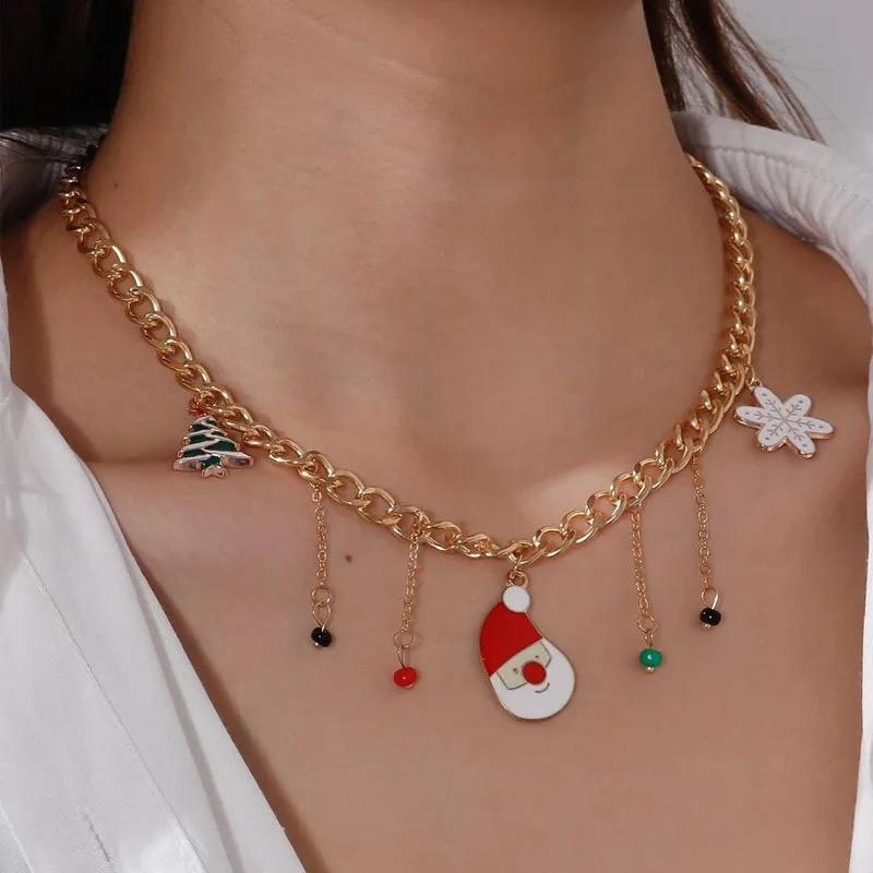 

Vintage Creative Christmas Pearl Bell Necklace for Women Cute Enamel Snowman Christmas Tree Snowflake Necklace New Year Jewelry