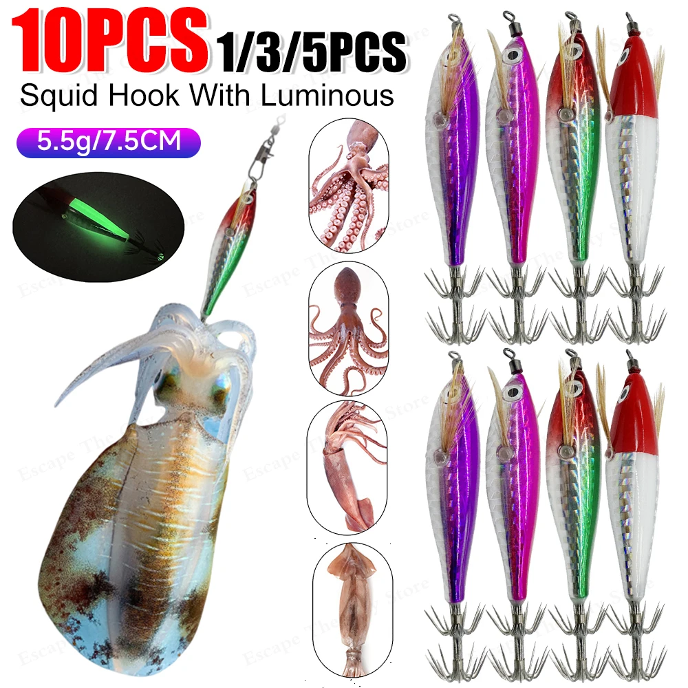 1-10Pcs Octopus Cuttlefish Fishing Bait Luminous Squid Hook Lure Hook Fishing Tackles Luminous Squid Jig Hooks for Fishing