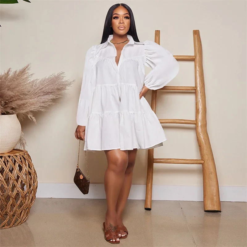 솔리드 캐주얼 긴팔 셔츠 드레스 여성 봄 여름 턴다운 칼라 싱글 브레스티드 러플 루즈 파티 클럽 미니 드레스