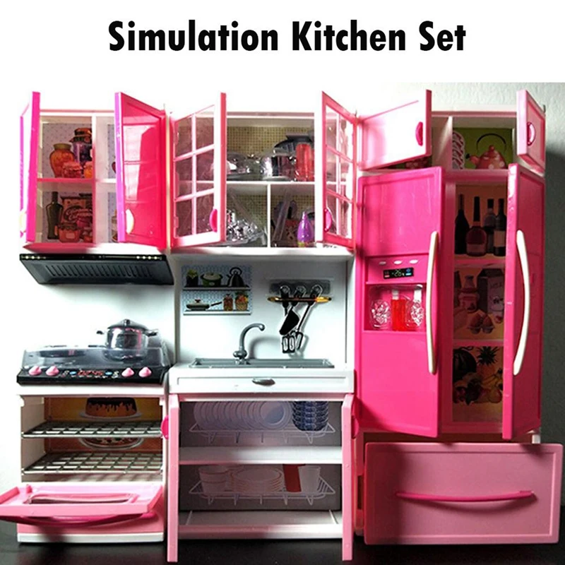 Simulation Kitchen Cabinets Set Children Pretend Play Cooking Tools Mini Tableware Sets Toys Girls Dollhouse Playset