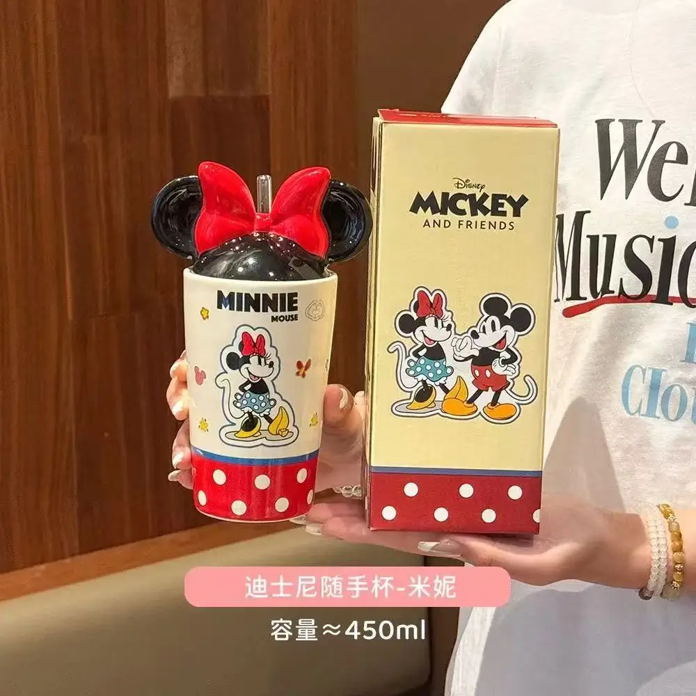 Tazza d'acqua di marca Cartoon Mickey Mouse Co Tazza in ceramica Disney carina Minnie Mouse con coperchio tazza di paglia regalo festival di coppia