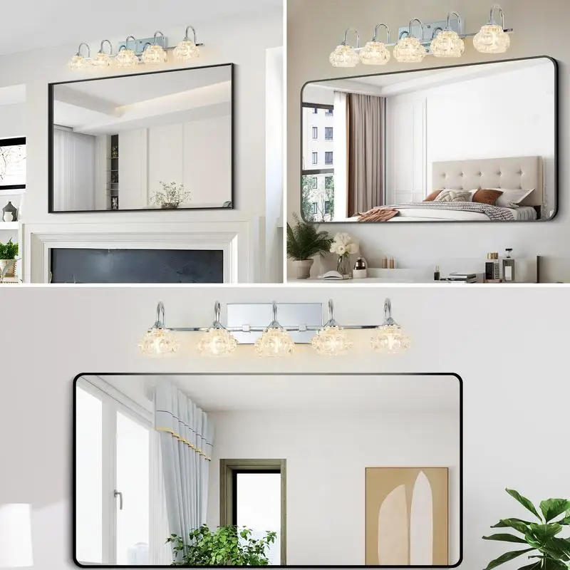 تركيبات إضاءة الحمام ذات 5 مصابيح كريستالية عتيقة بلمسة نهائية من النيكل مقاس 29 بوصة مع ظلال زجاجية شفافة #4