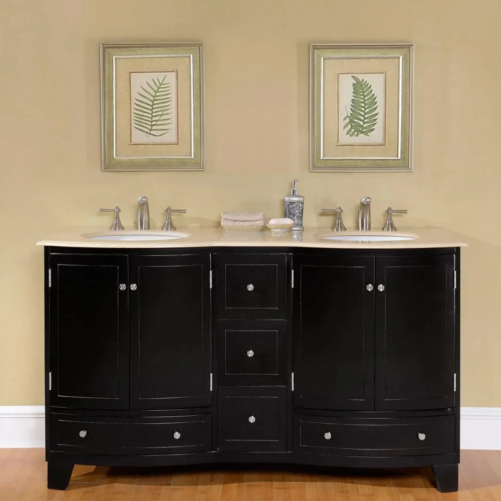 

60 Marble Top Double White Sink Bathroom Vanity with Espresso Cabinet, Bathroom Storage Cabinet