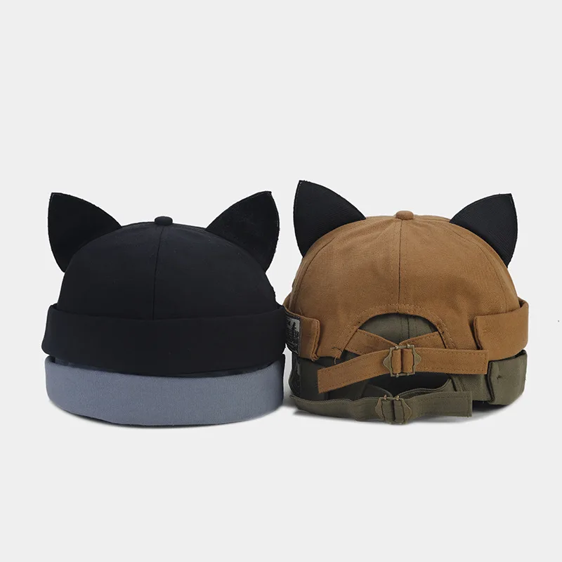 

Fashion Men Women Y2k Cute Wild Cat Ear Melon Hat Autumn Winter Brimless Round Top Yuppie Hat Hip Hop Landlord Hat Hot