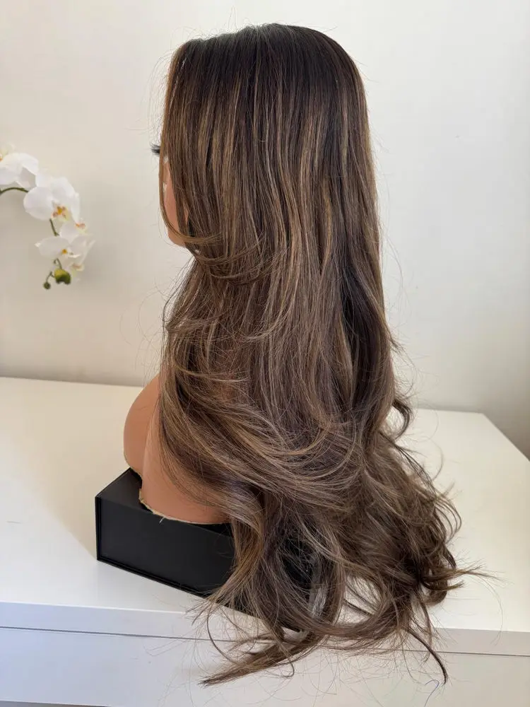 Dark Chestnut Brown Highlights Glueless Wig Layer Natural Wave Synthetic Futura Lace Front Wig High Quality High Heat Fibre 26
