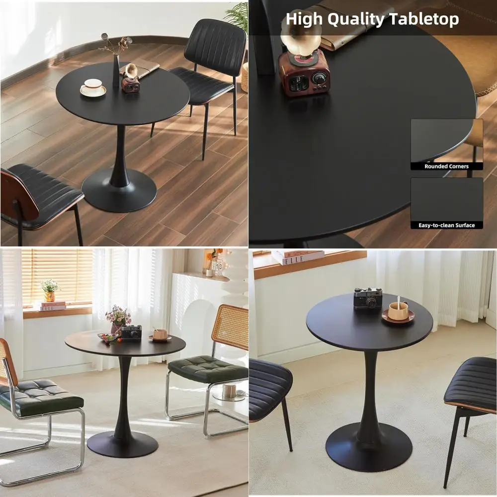 

24 Round Dining Table with Thickened Tabletop and Metal Pedestal, Modern Bistro Style for Small Spaces and Living Rooms, Black