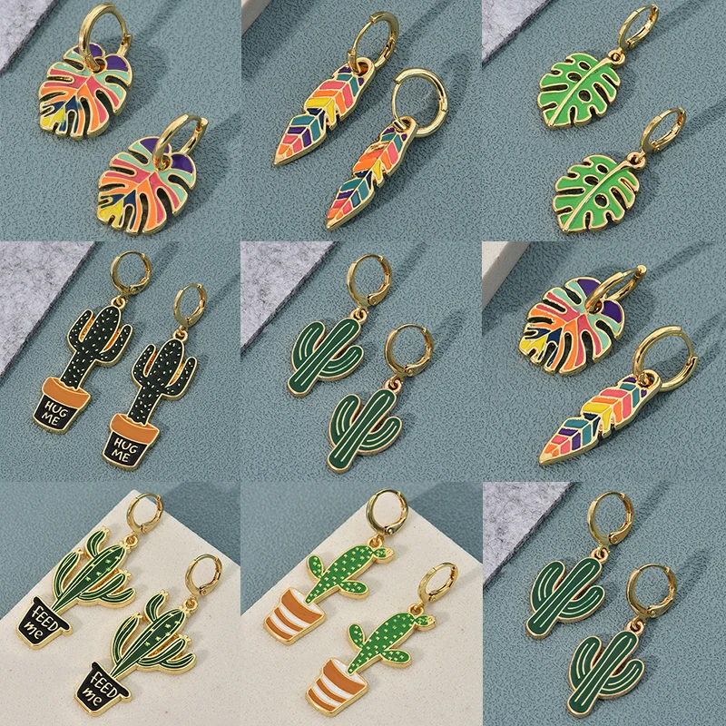 Cute Colorful Enamel Leaf Cactus Plant Shape Gold Color Hoop Earrings For Women Girls Oil Drip Boho Vintage Earings Jewelry Gift