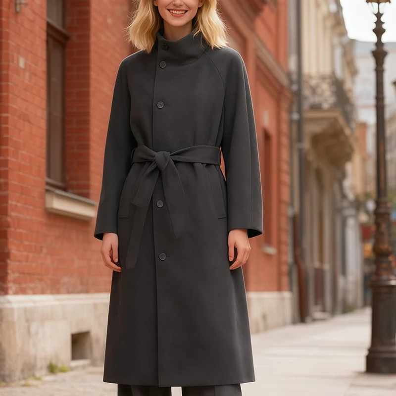 سترة معطف نسائية مع حزام بياقة واقفة وصدر واحد معطف عصري غير رسمي للخريف والشتاء ملابس غير رسمية Trafizaran #2