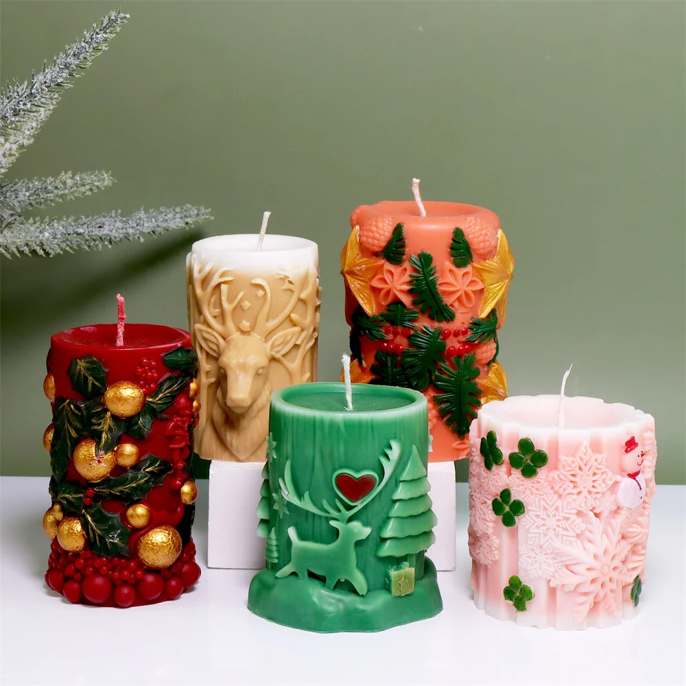 3D Geprägte Weihnachten Säule Kerze Form DIY Weihnachtsbaum Schneeflocke Design Kerze Gips Silikon Form Home Decor Geschenke