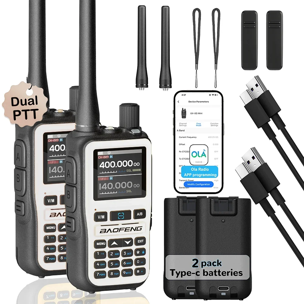 2 Pack BAOFENG UV-5R Mini 5W 999CH Dual Band Two Way Radio, Bluetooth APP Programming, NOAA Alert, Type-C Fast Charging, White/P