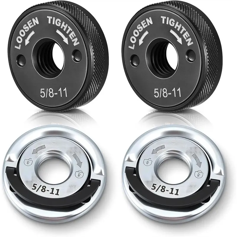 A25I-Quick Release Locking Kit 4 Pcs 5/8-11 Angle Grinder Flange Nuts Silver D-Ring Knurled Arbor No Wrench Required