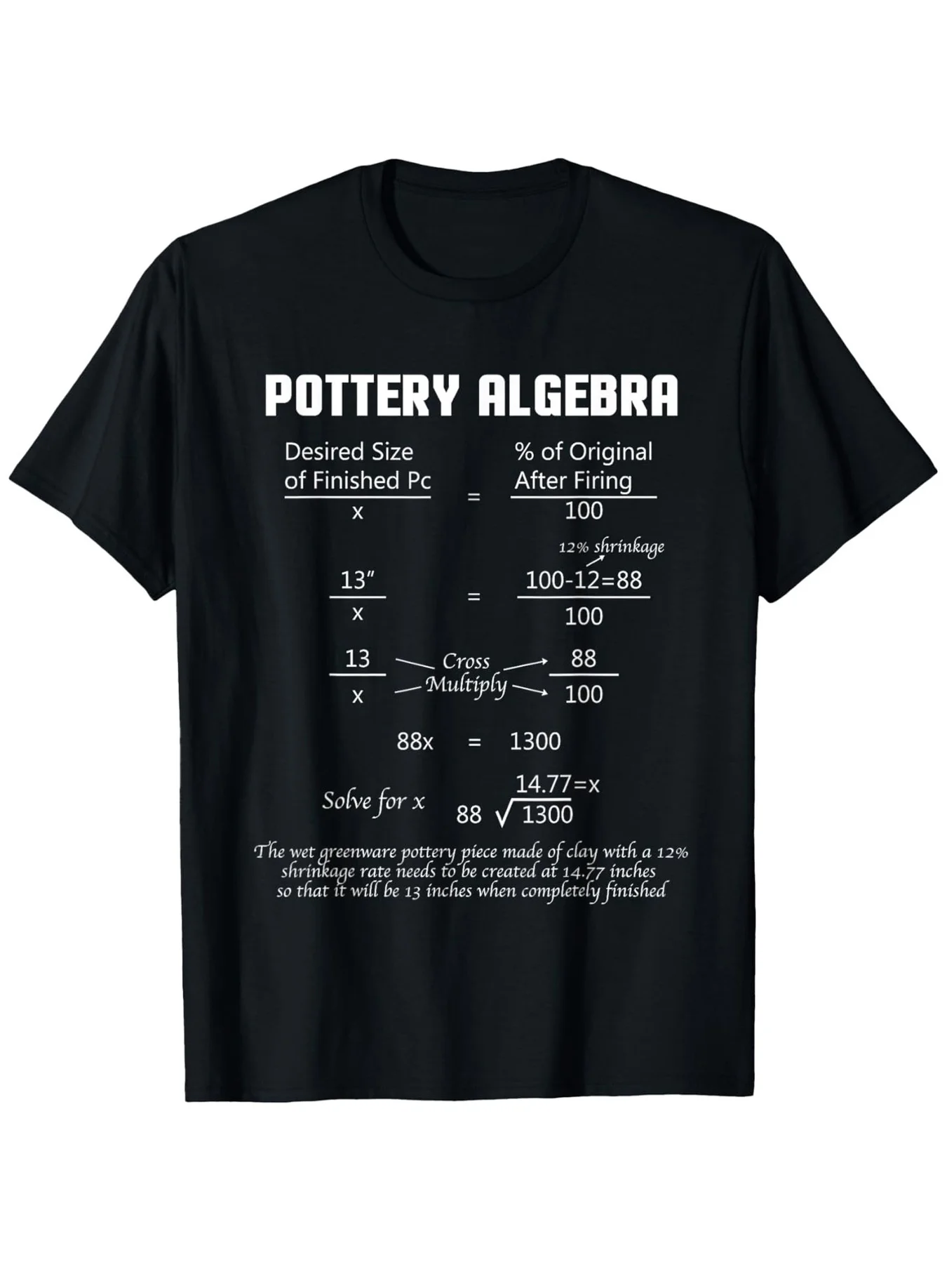 Pottery Algebra Formula Math Graphic Tee Casual Round Neck Short Sleeve Cotton T Shirt for Potters Craftsmen