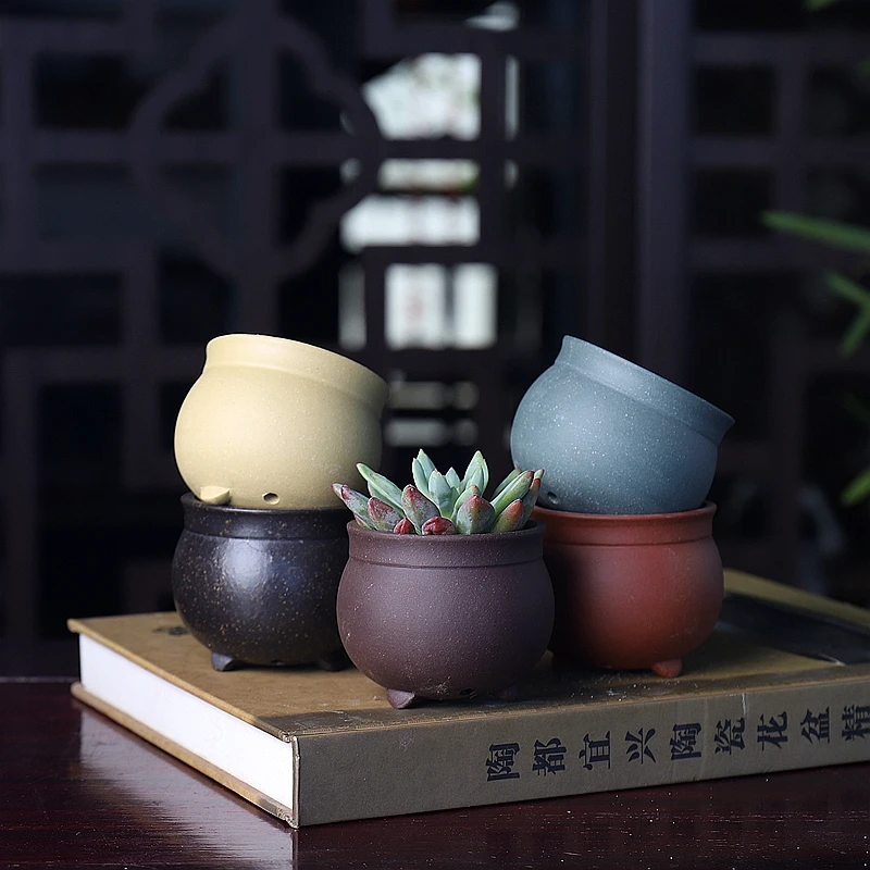 Yixing Purple Sand Thumb Flowerpot Small Round Line Round Folwer Pot Mini Pot Breathable Lovely Chinese Style Flower Pot ZD22