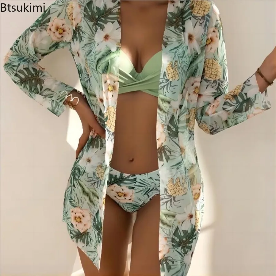 2025 Three Pieces Bikini Set Cover Up Swimwear Women Swimsuit Print Long Sleeve Push Up Bathing Suit Beachwear Swimming Biquini