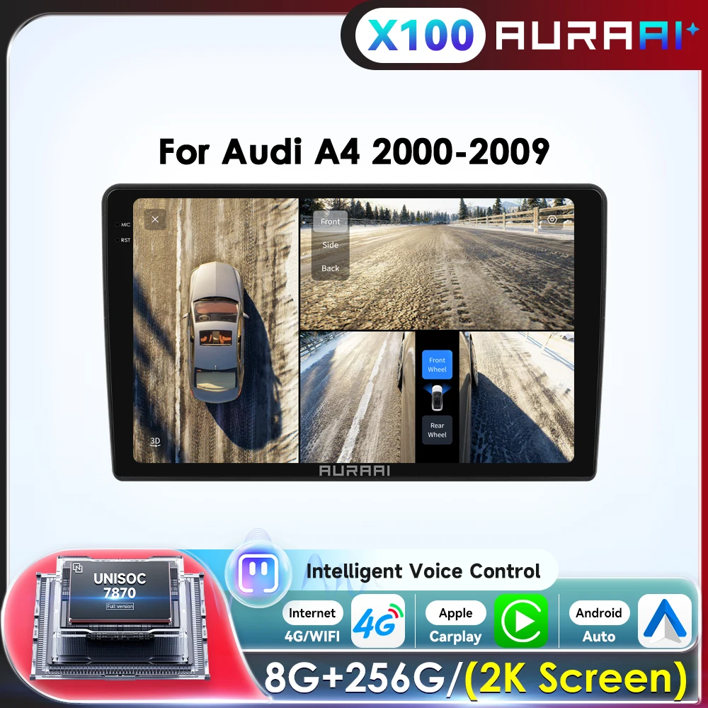 Autoradio Android AURAAI pour Audi A4 2000-2009, Carplay sans fil, écran 2K, 8 cœurs, 7870, multimédia, 360CAM, ADAS, 3 écrans partagés, GPS intelligent