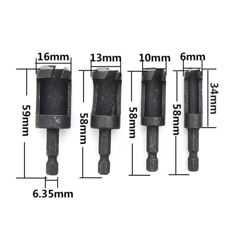 Binoax 4pcs Carbon Steel Carpenter Woodworker Hole Wood Plug Cutter Cutting Power Tool Wooden Drill Bit 6/10/13/16mm