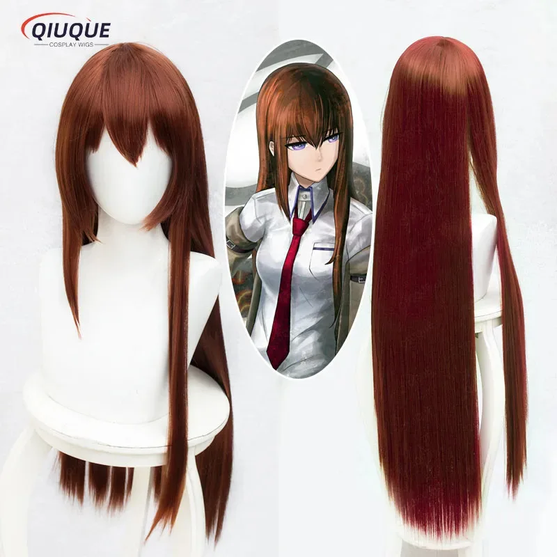 LQ80cm 100cm Long Straight Copper Red Steins Gate Makise Kurisu Christina Heat Resistant Hair Cosplay Costume Wig + Free Wig Cap