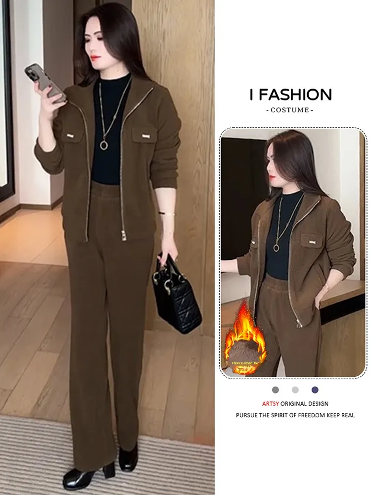 Damski zestaw sportowy Thiened Fce, modny, zimowy, nowy model, dwuczęściowy komplet, długi rękaw, zapinany na zamek, włókno poliestrowe.