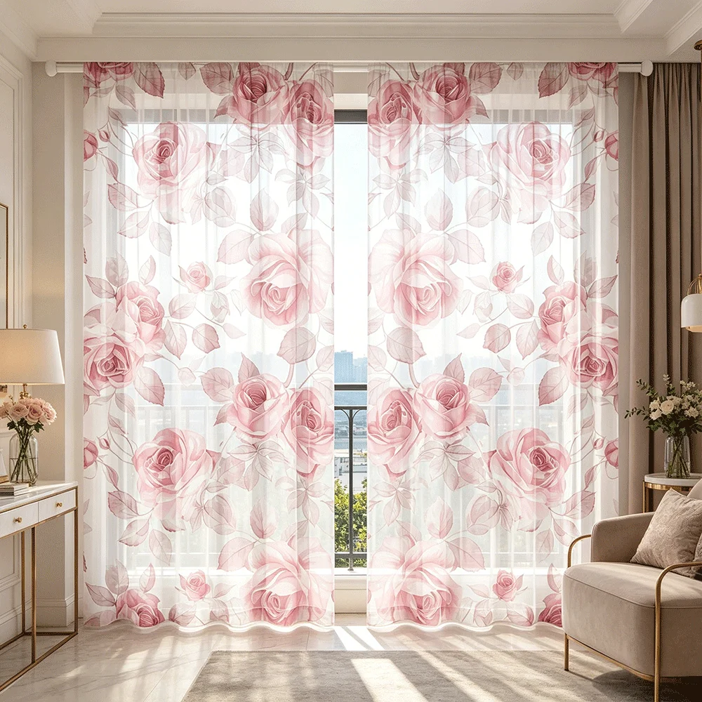 2PCS Pink Pollen Rose Sheer Curtains