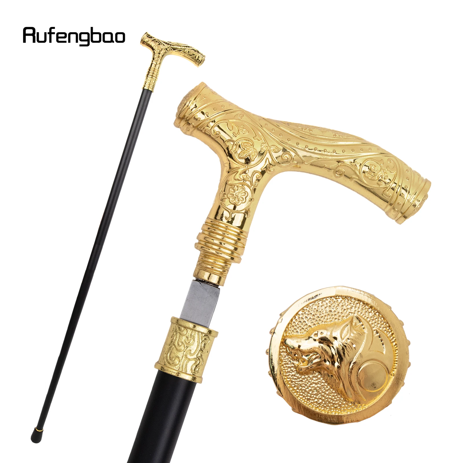 Golden Wolf Head Flower Single Joint Walking Stick with Hidden Plate Self Defense Fashion Cane  Cosplay Crosier 93cm