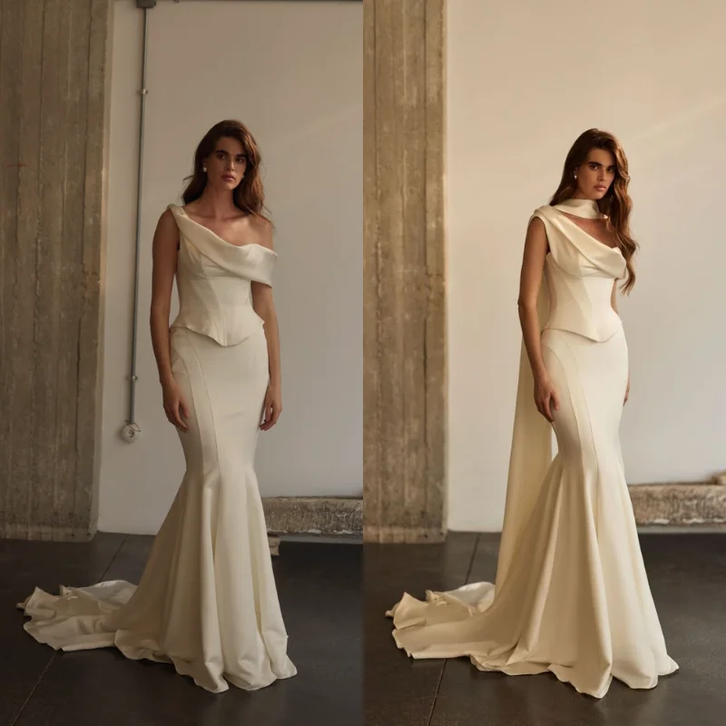 

2026 Elegant Refined Satin Mermaid Wedding Dress Detachable Cape scarf One Shoulder Tight Adjustable White Bridal Gown Custom
