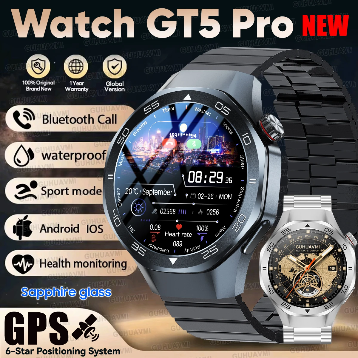 

2025 Новые часы GT5 Pro GPS Спортивные умные часы 1,53 Ultra HD Экран Встроенный GPS Компас 3ATM Водонепроницаемые умные часы для фитнеса для мужчин