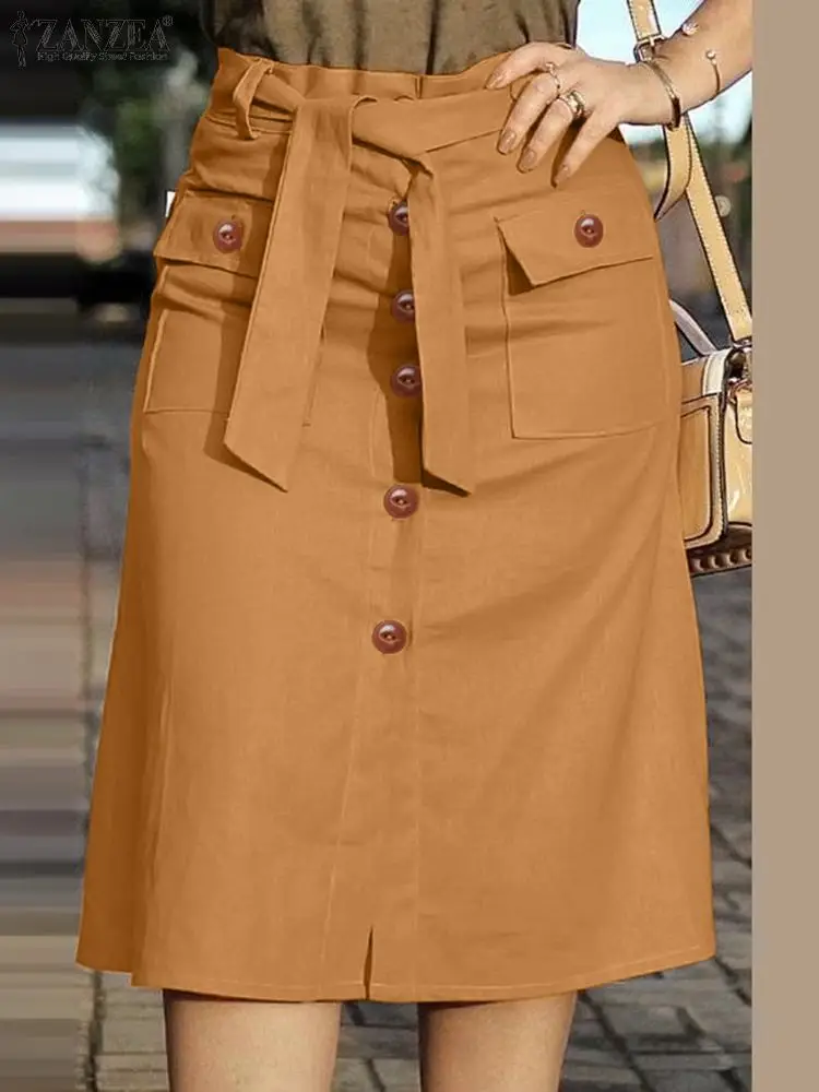 2024 ZANZEA Women High Waist Solid Cargo Skirt Fashion Summer Skirts OL Work Knee-length Faldas Saia Casual Party Club Jupe