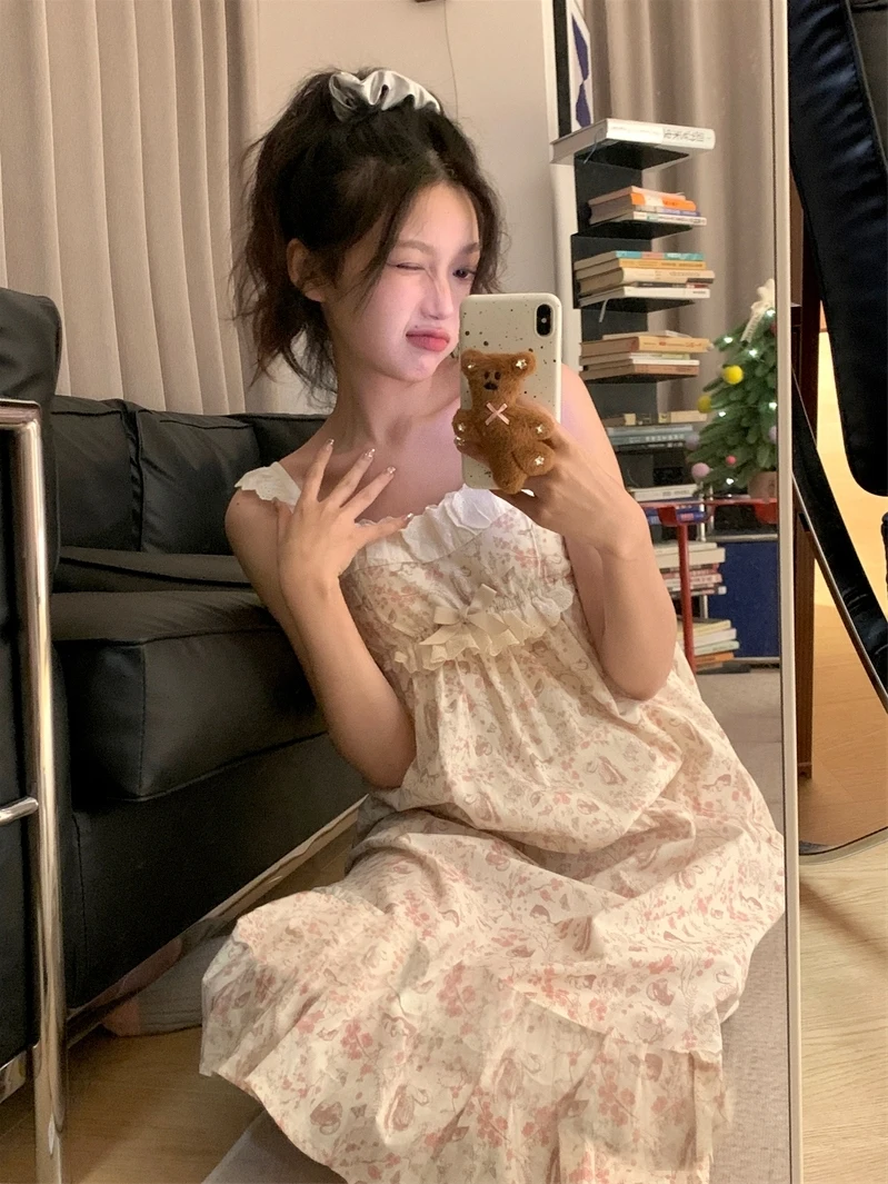 

Floral Print Sleep Dress Women's Style Summer Princess Style Sweet Home Clothes Can Wear out Chest Pad Included Mid-Length Dress