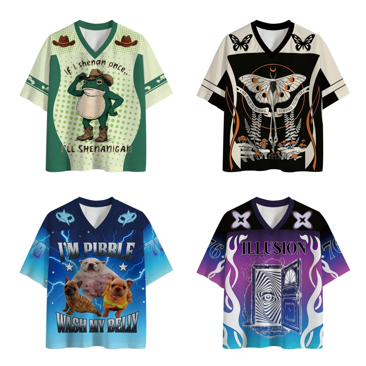 2026 Frog & Dog Meme Mesh Football Jersey Bundle, 4 Styles V-Neck Halloween Graphic Tee Y2K Unisex Streetwear Short Sleeve Top