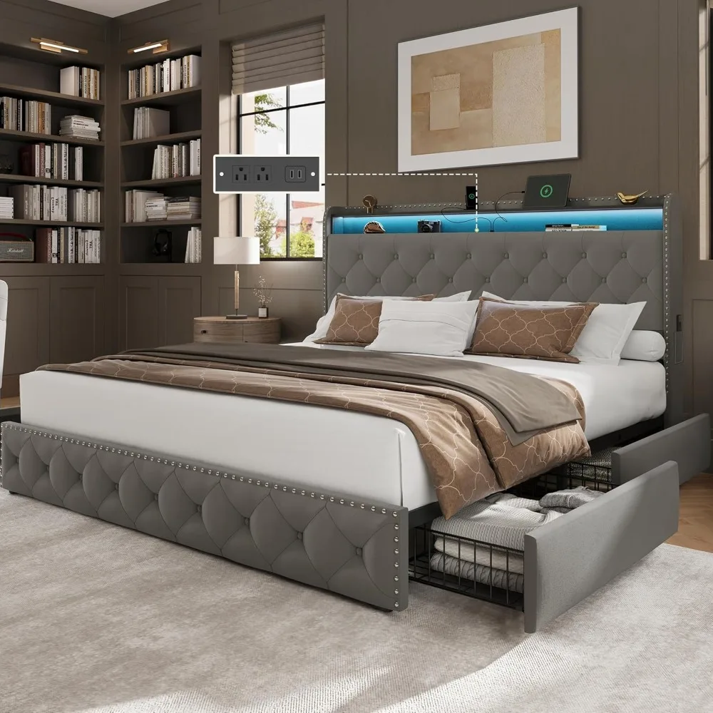 King Bed Frame with 4 Storage Drawers and Charging Station, Velvet Upholstered Platform Bed Frame