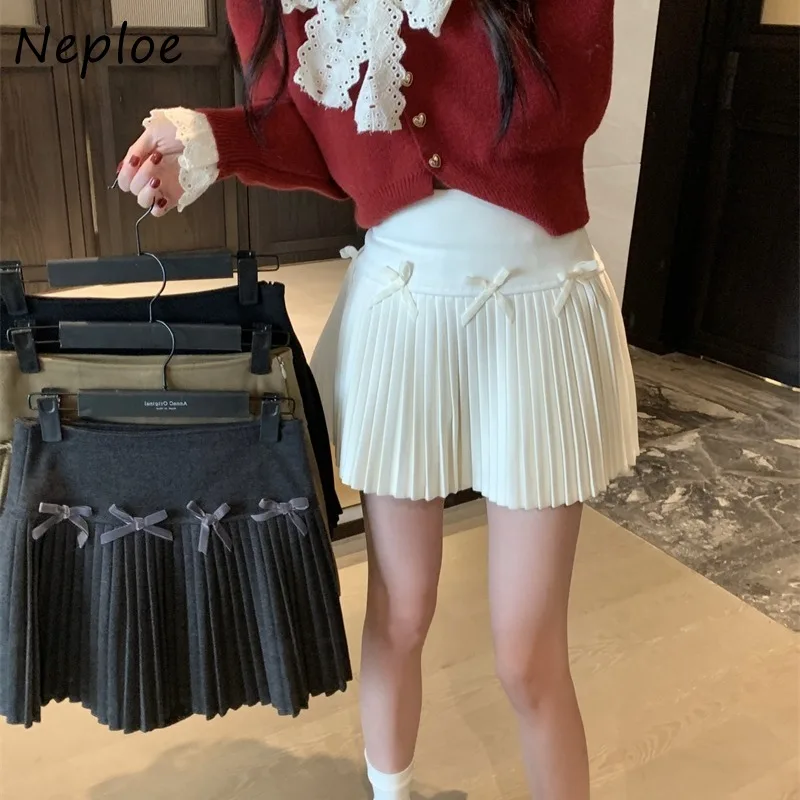 

Neploe Korean All-match Bow White Skirt for Women Summer New High Waist Ruched Skirts Y2k Kpop Woolen A-line Faldas Mujer