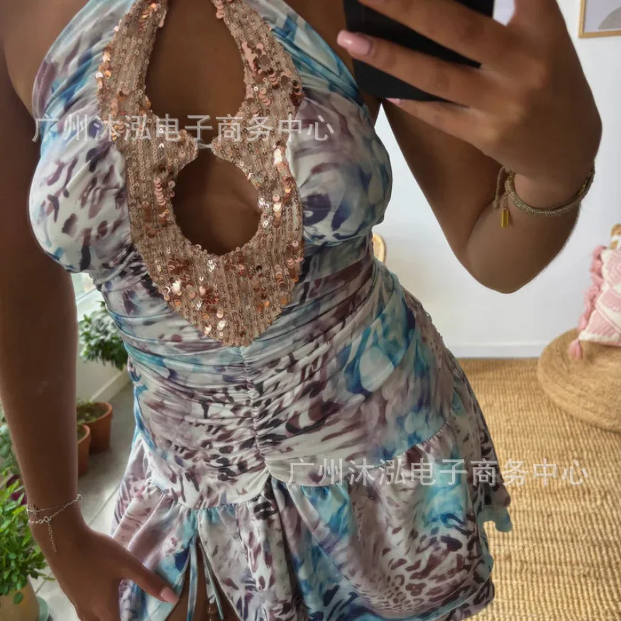 

2025 European and American Summer New V-neck Sexy Spice Sleeveless Neck Halter Sequined Splicing Dress