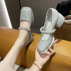 Women's Shoes Light Blue Rhinestone with Medium Heels Square Toe Gothic Normal Leather Casual Mary Jane Ladies Footwear Non Slip