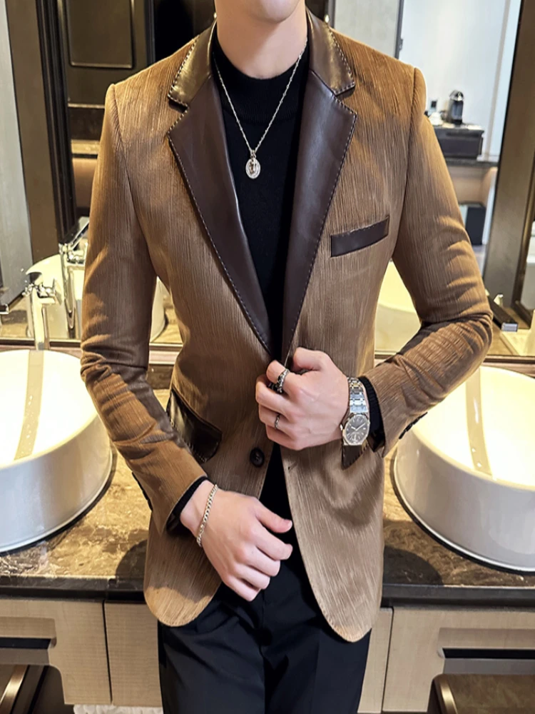 

Leather Suit Jacket Men's Autumn New Business Casual Tuxedo Fashion Slim Fit Ruffian Handsome Blazers Top Brand Clothing